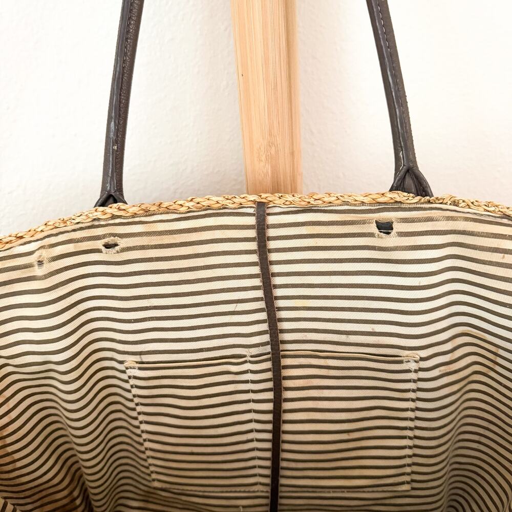 J.Crew Woven Straw Tote Bag Brown Leather Handles Large Beach Market Basket - Picture 11 of 13